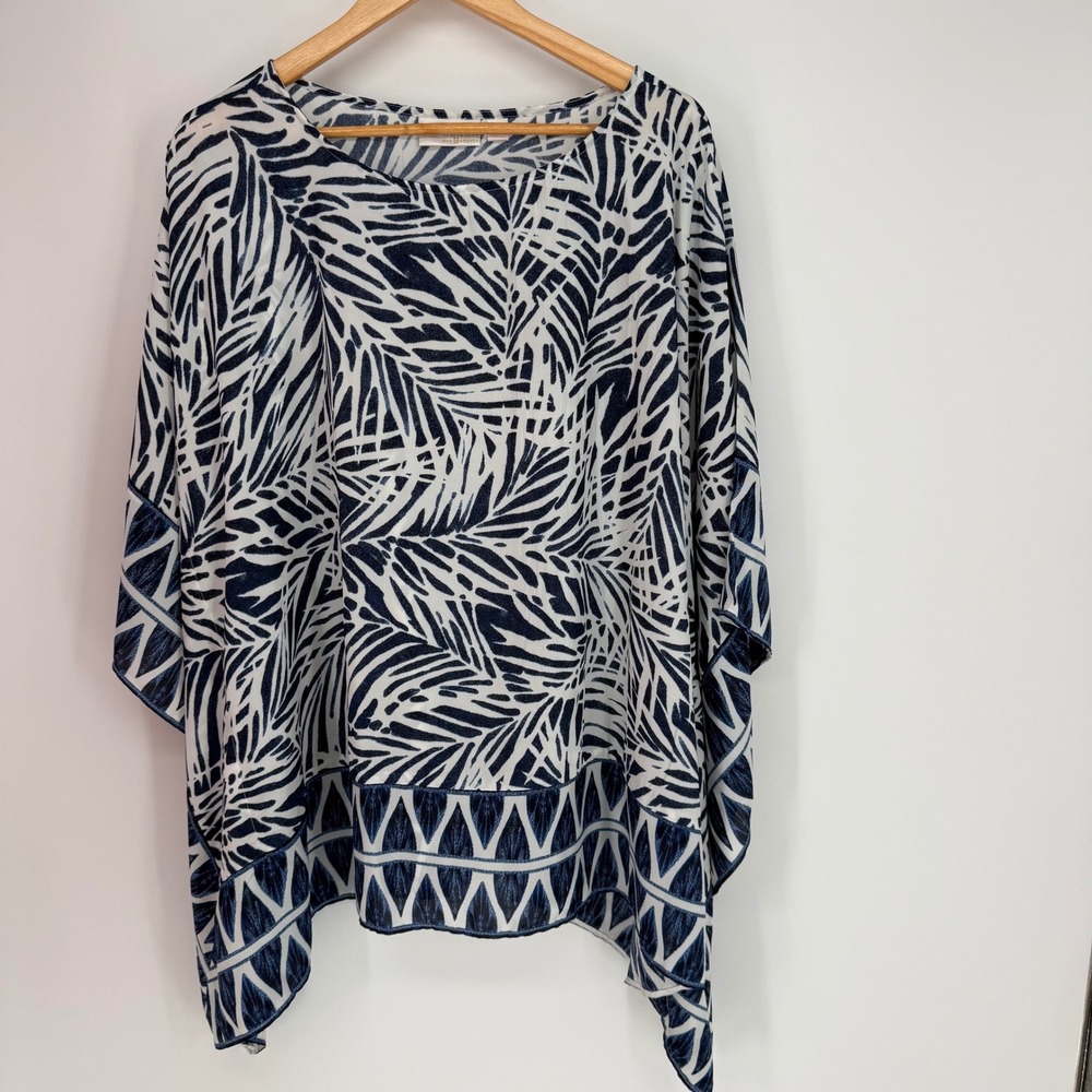 Belle Beach Kim Gravel Navy White Palm Leaf Swim Cover Poncho Top 2X Resortwear